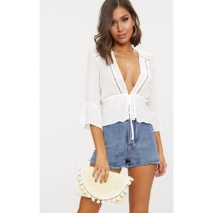 White Cheesecloth Plunge Tie Waist Blouse